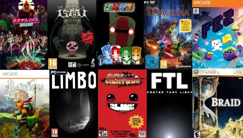 Cover art collage of indie hits including Hotline Miami, Limbo, Super Meat Boy, Bastion, FTL, Fez and Braid
