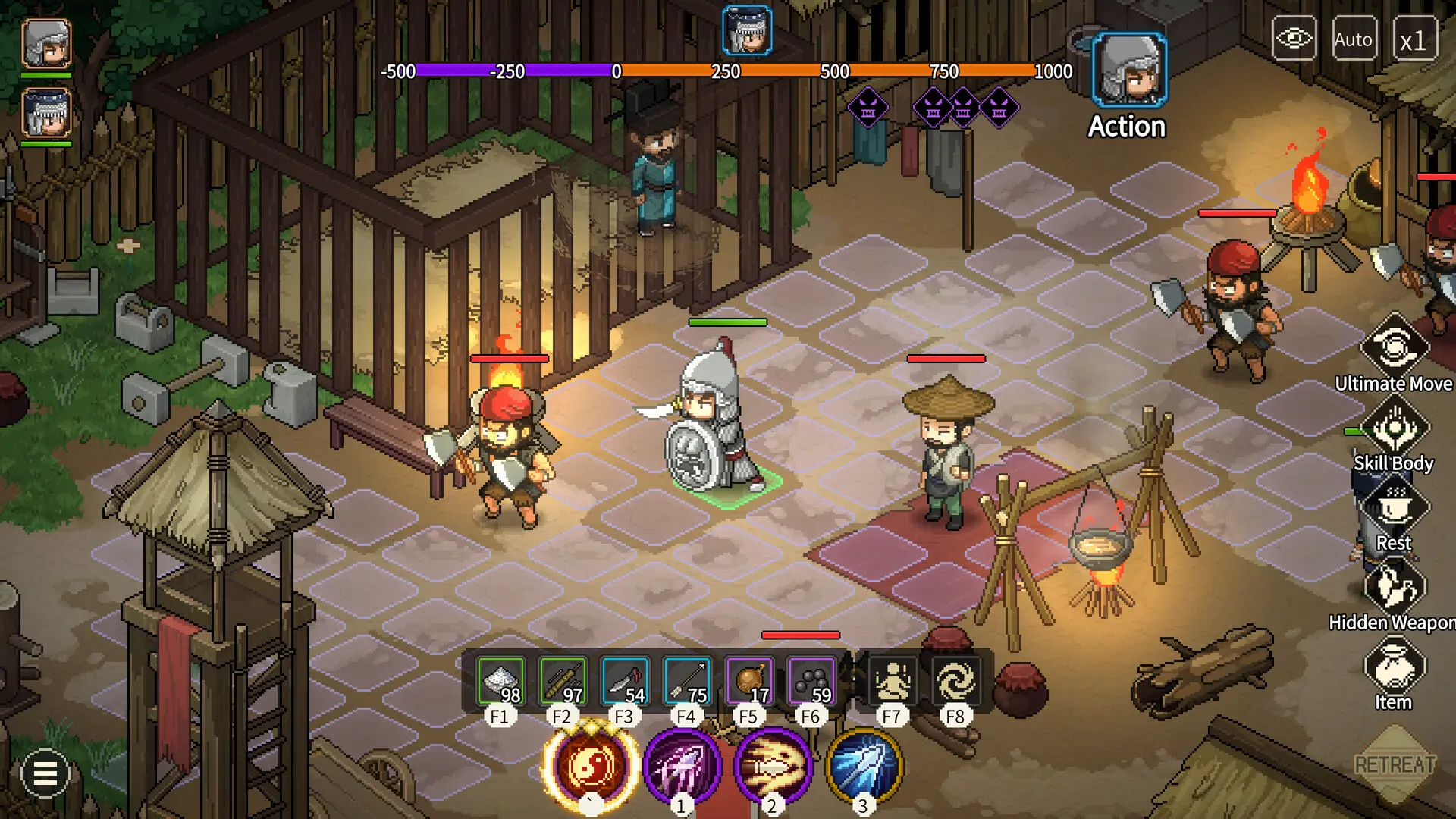 Isometric pixel art wuxia RPG fight in a bandit camp, with a turn order bar and skill menu on screen