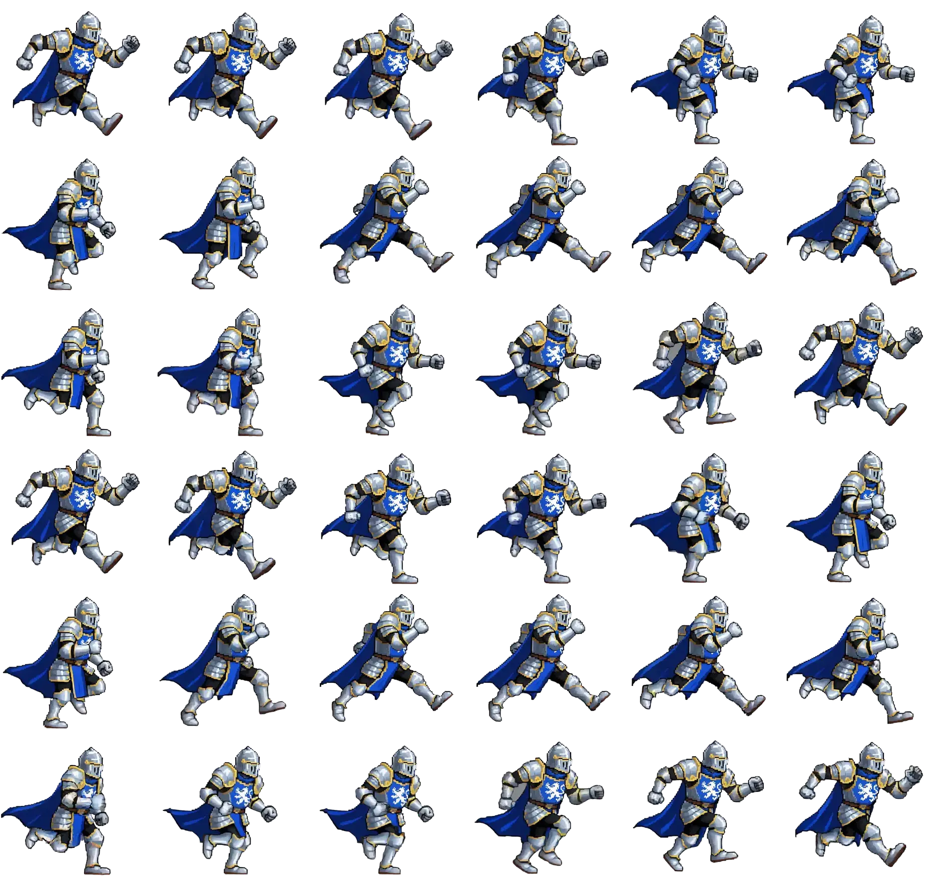 Sprite sheet of 36 run cycle frames for a caped silver knight, each cut out on a transparent background
