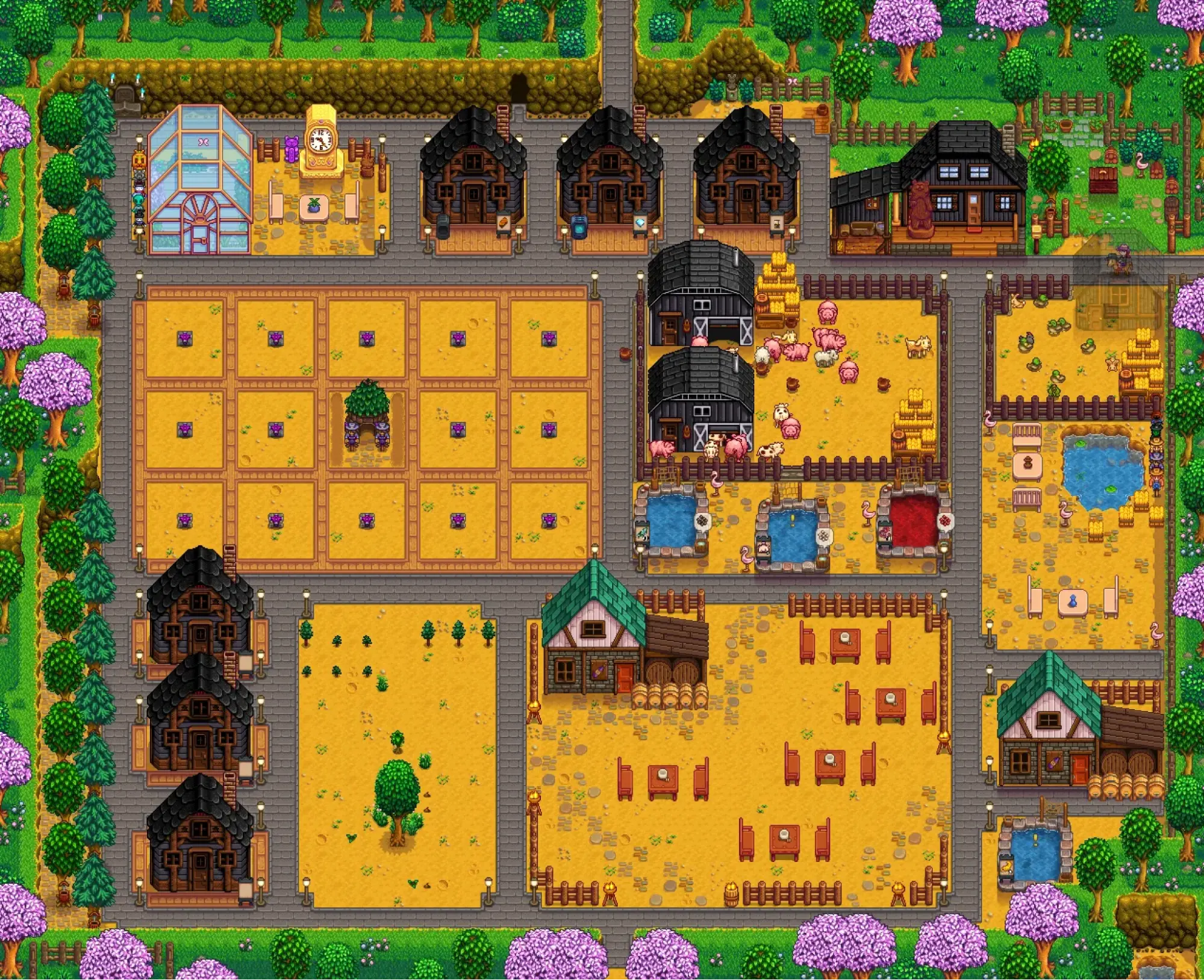 Top down pixel art Stardew Valley farm packed with cabins, barns, animal pens, ponds and crop plots