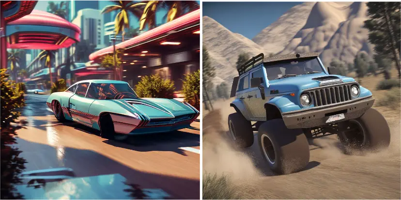 Two AI-generated racing visuals: a neon retro sports car and an off-road truck kicking up desert dust
