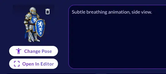 Chosen knight pose handed to the Animator tab with the prompt Subtle breathing animation, side view already filled in