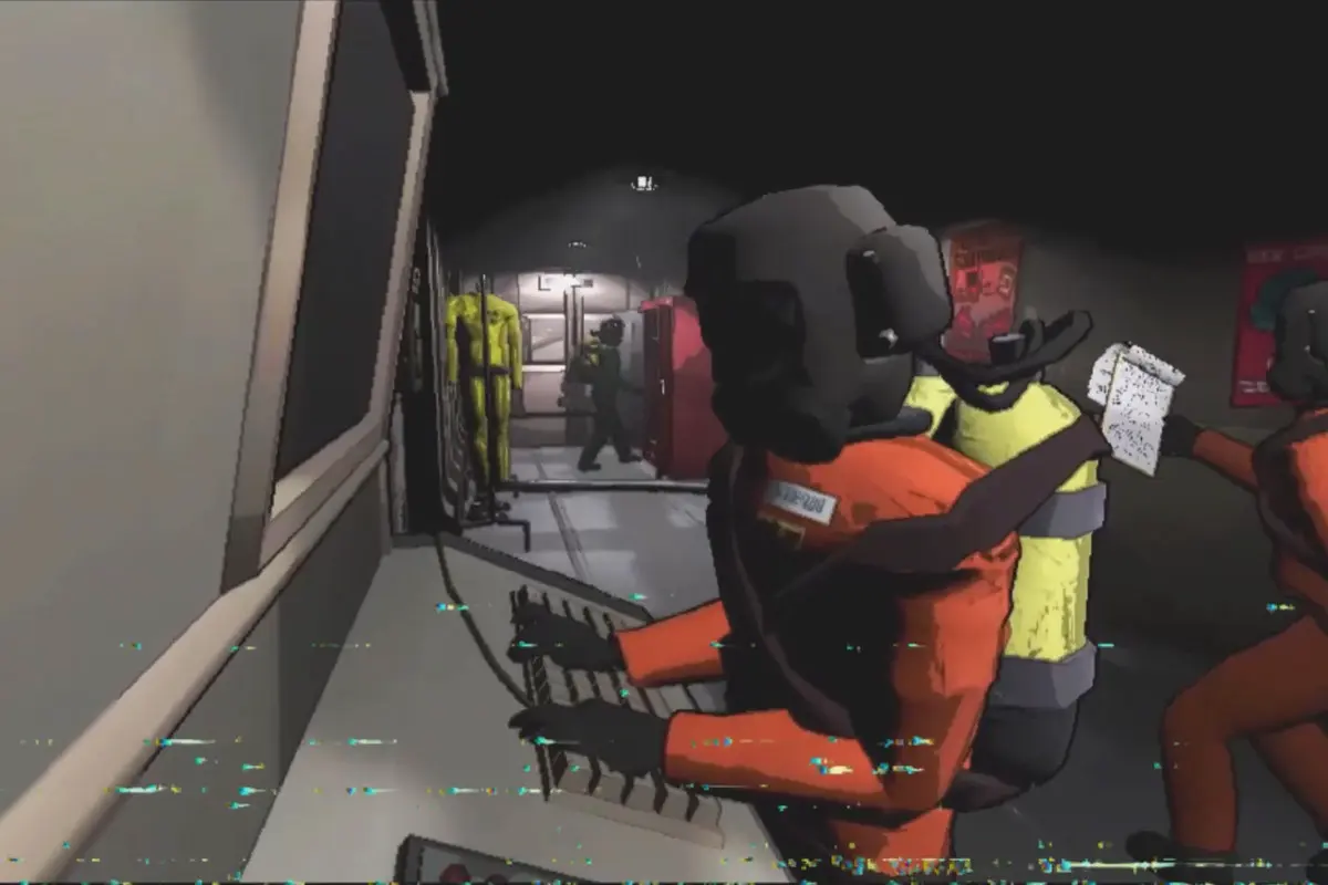 Lethal Company scene: crew in orange jumpsuits and helmets reading a note inside a dim industrial corridor