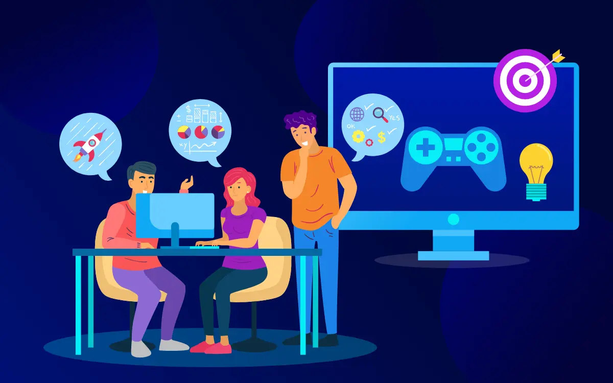 Flat illustration of a game team weighing charts and ideas around a monitor showing a gamepad
