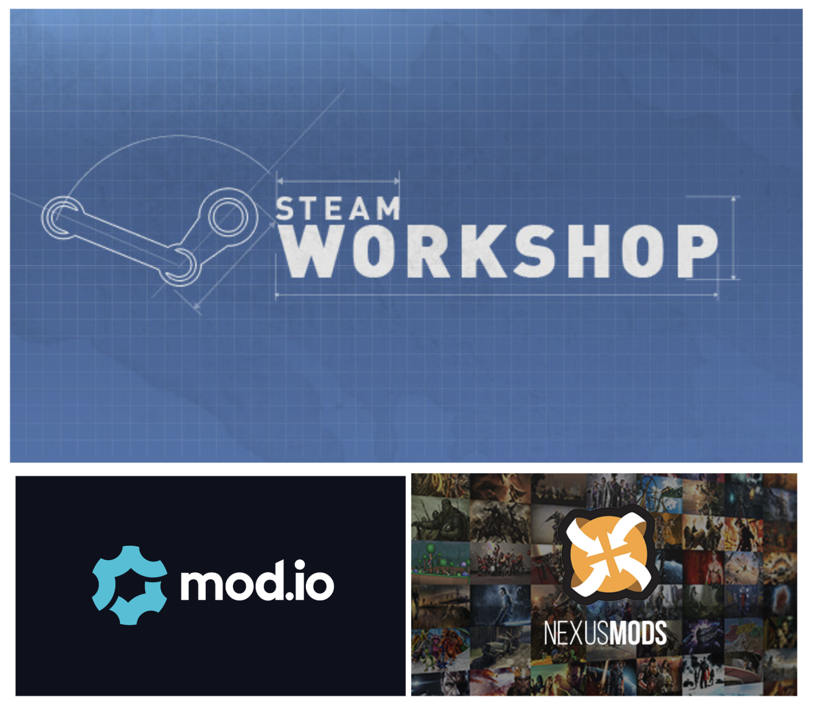 Logos of Steam Workshop, mod.io and Nexus Mods, the main hubs where players publish game mods