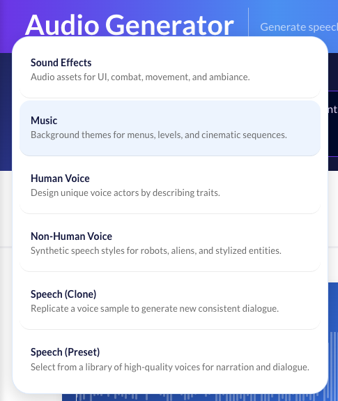 Ludo.ai audio generator with its mode list open: sound effects, music, human and non-human voice, speech clone and preset