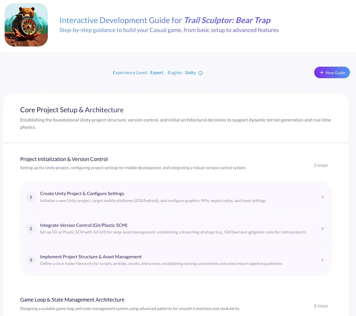 Development Guide splitting a Unity build into numbered steps for project setup, version control and asset structure
