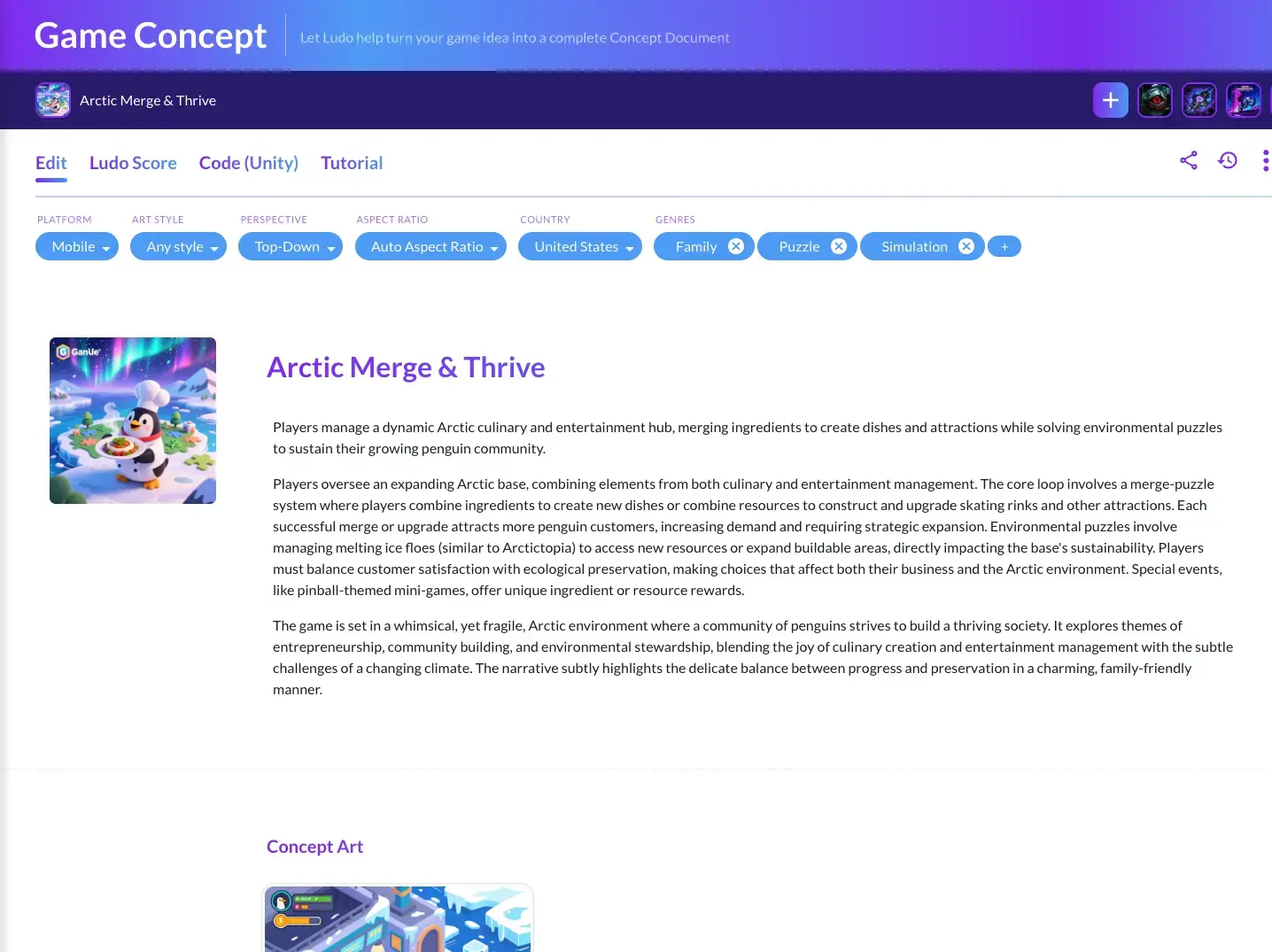Ludo.ai Game Concept editor holding the Arctic Merge and Thrive GDD, with platform and genre filters and a concept art section