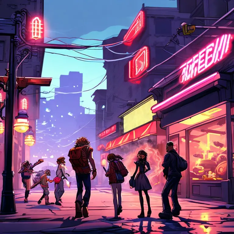 AI-generated concept art of characters gathered on a neon-lit city street at dusk