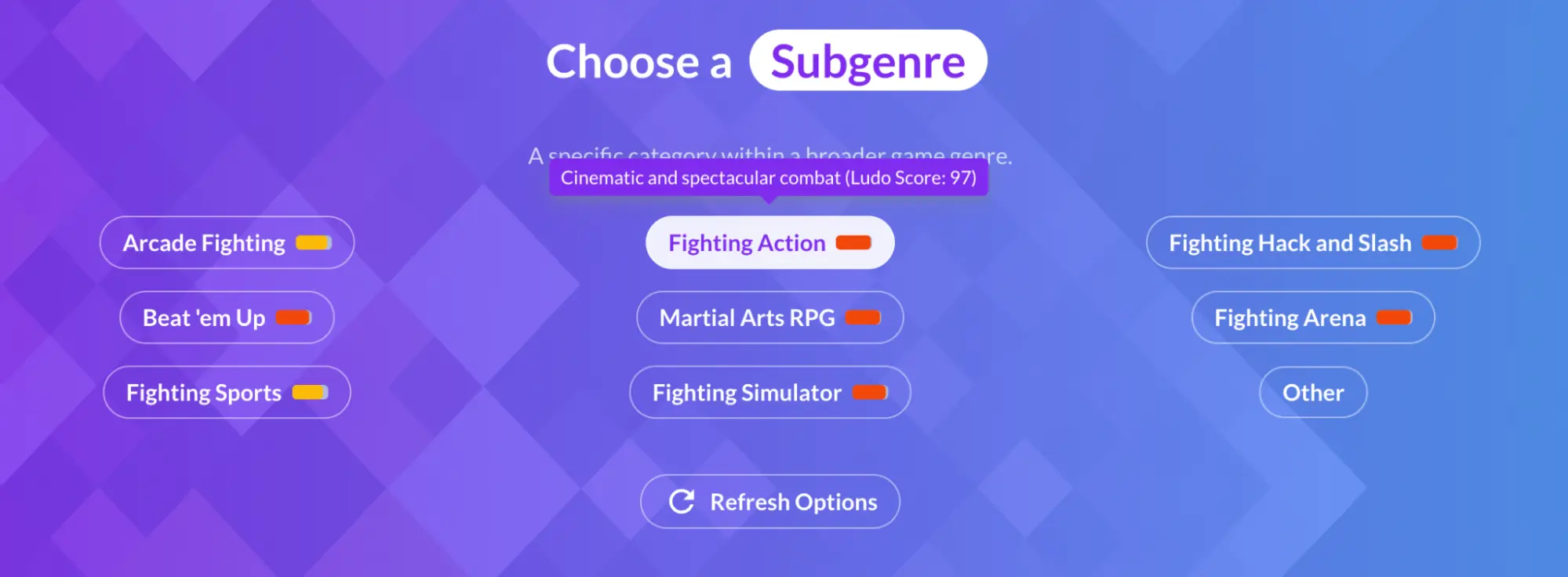 Subgenre step of the ideator with fighting options and a tooltip showing Fighting Action at Ludo Score 97