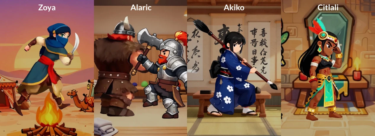 All six Stack Fighters characters: Phraya, Akiko, Citlali, Ragnar, Alaric, and Zoya
