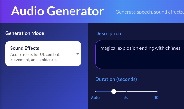 Audio generator in sound effects mode, prompted for a magical explosion ending with chimes, duration slider below