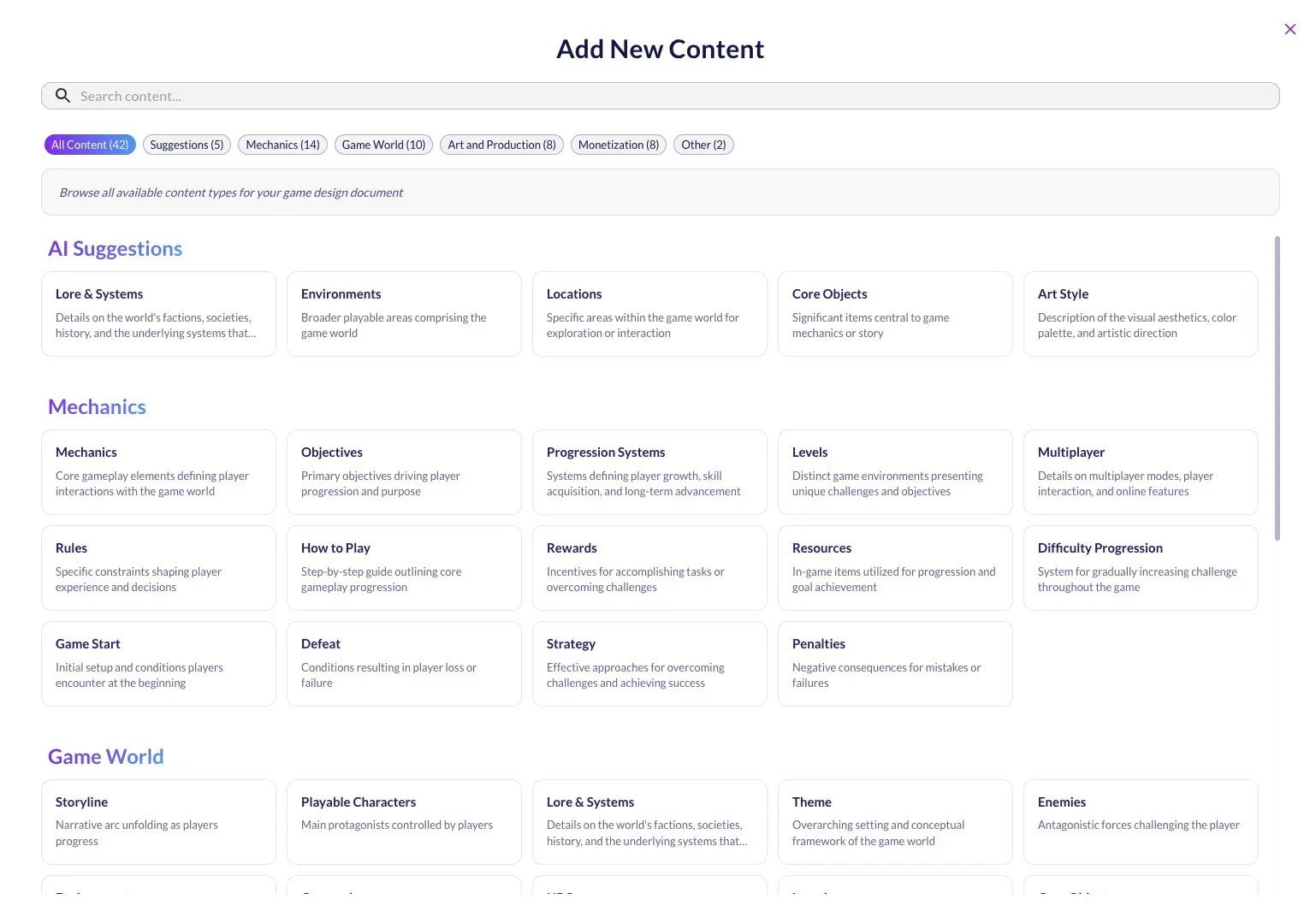 Add New Content panel listing 42 GDD section presets grouped under AI Suggestions, Mechanics and Game World