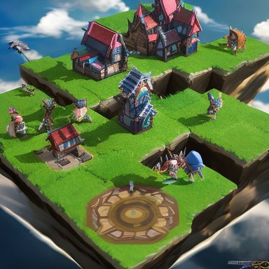 Isometric floating island level with timber cottages, a rune circle and armored heroes on tiered grass platforms