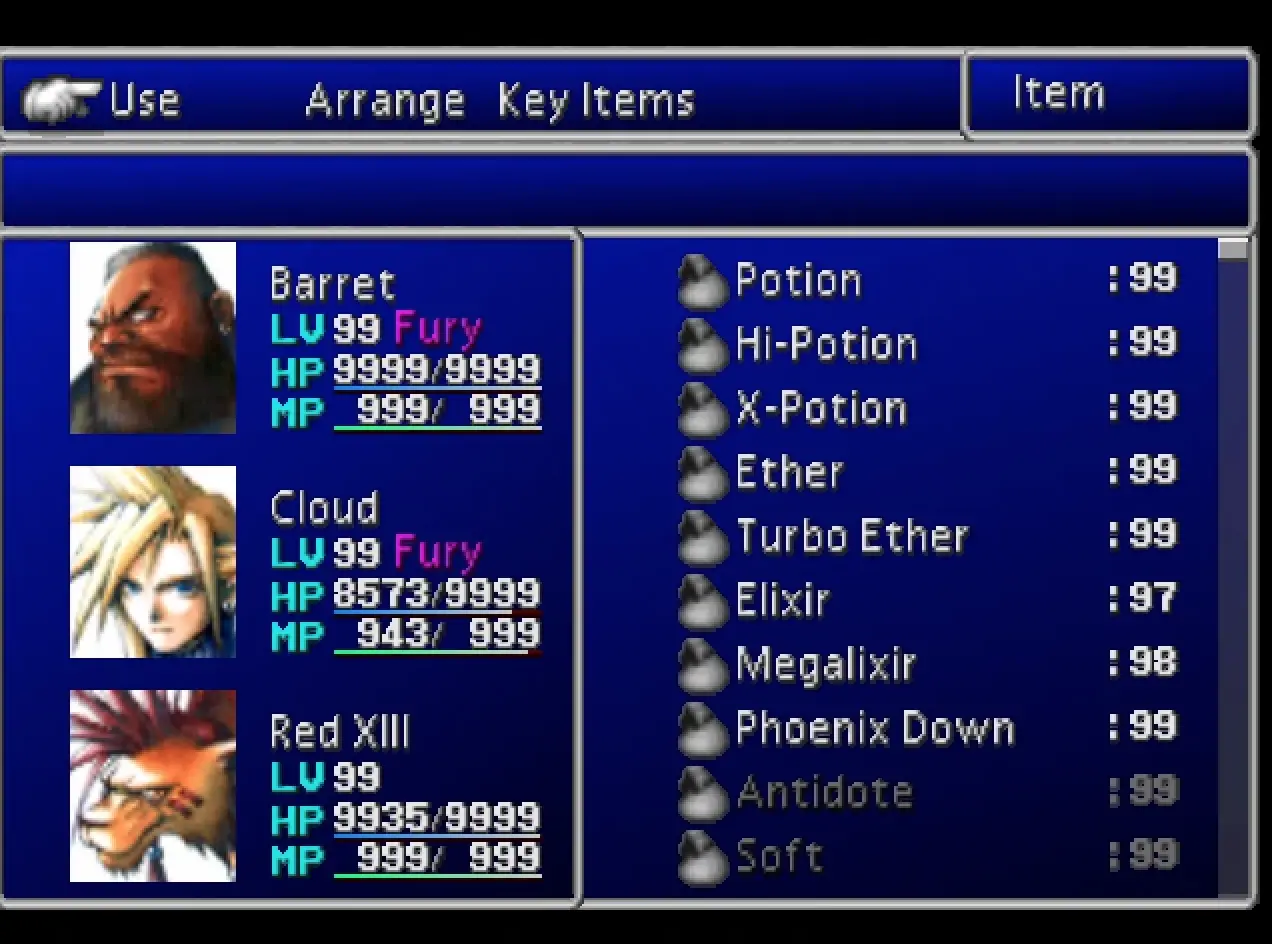 Final Fantasy VII item menu with Barret, Cloud and Red XIII at level 99 beside a potion inventory list