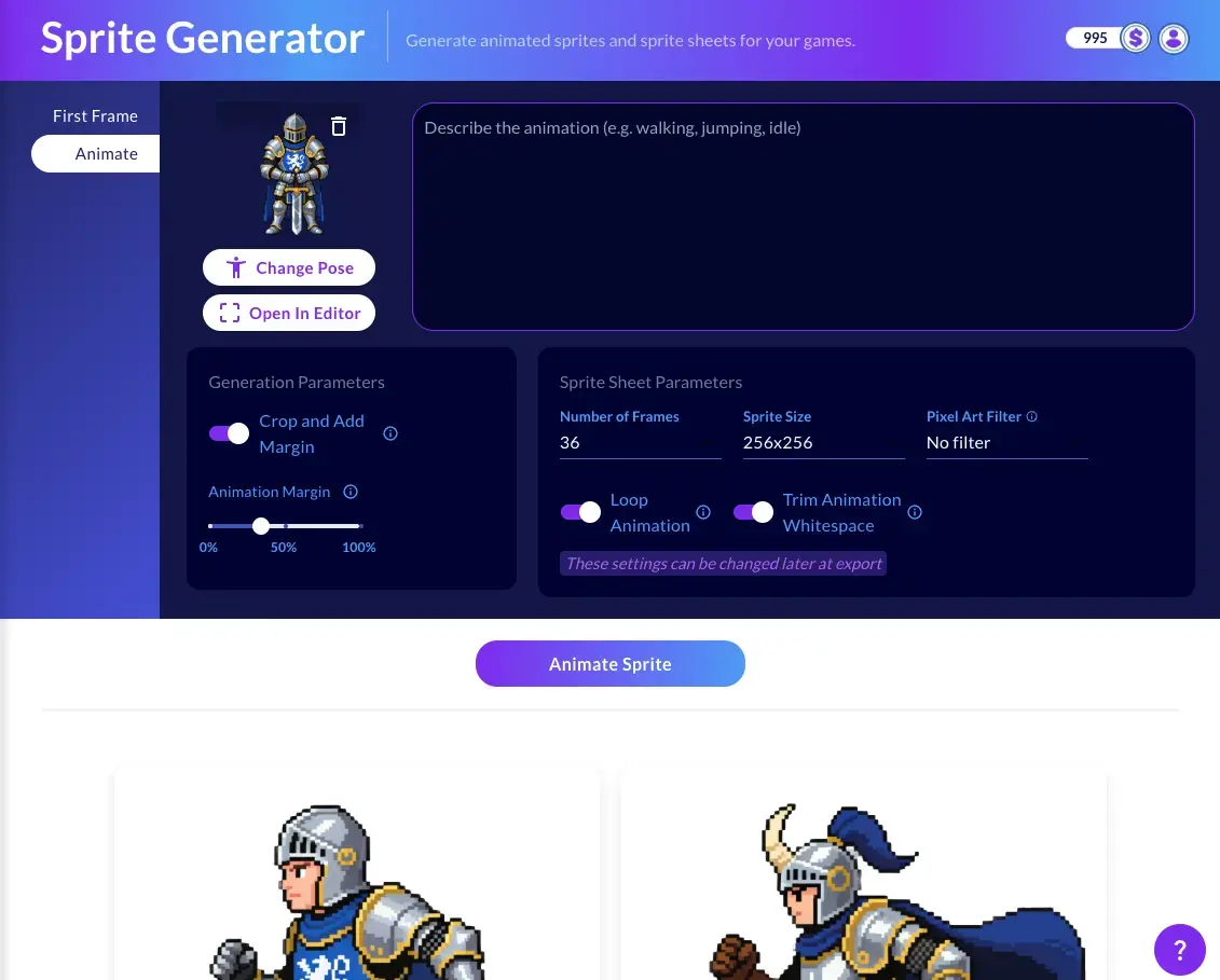 Screenshot of the Ludo.ai sprite generator Animate tab, with a Change Pose button beside a knight sprite and sheet settings