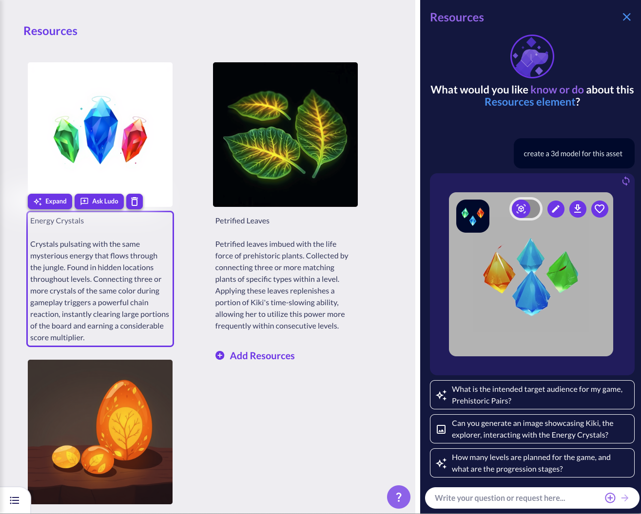 Resources section of a game concept document, with Ask Ludo turning an energy crystal asset into 3D models