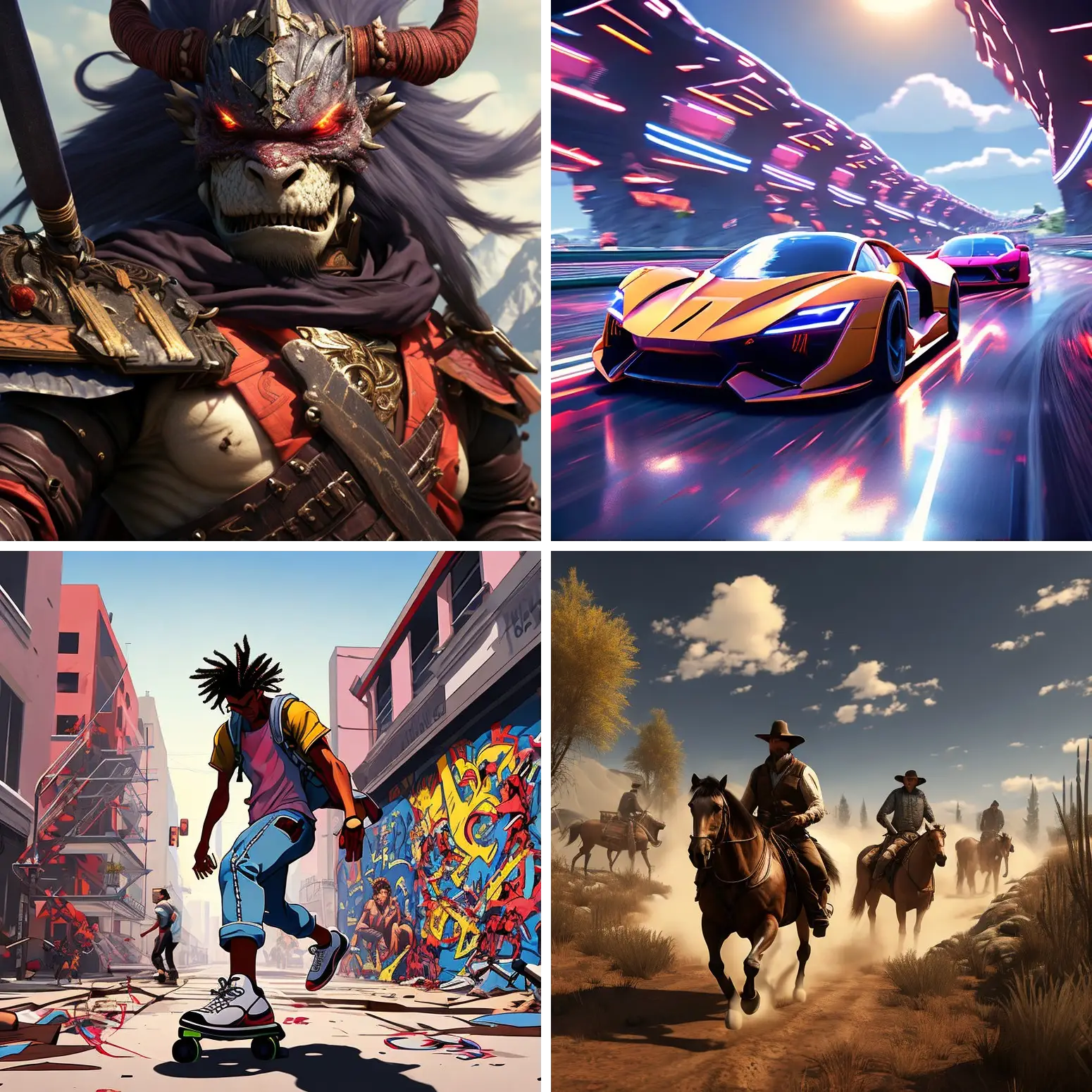 Grid of four AI-generated game images: a horned beast warrior, a neon car race, a street skater and horse riders