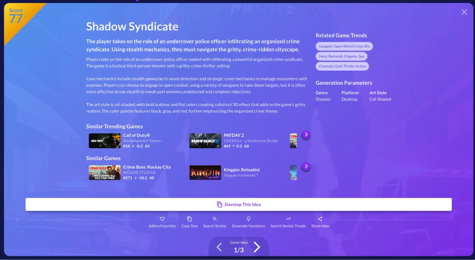 Expanded game idea panel for Shadow Syndicate: Ludo Score 77, related game trends and similar trending games