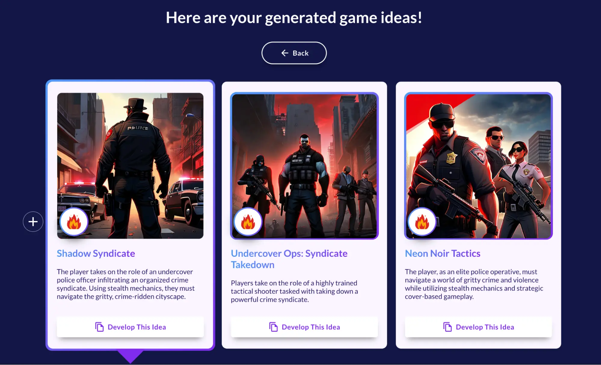 Generated game ideas screen with three concept cards, Shadow Syndicate, Undercover Ops and Neon Noir Tactics