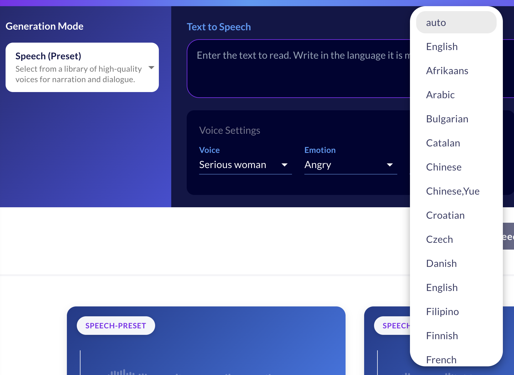 Preset speech mode set to a serious woman voice with angry emotion, language dropdown open beside it