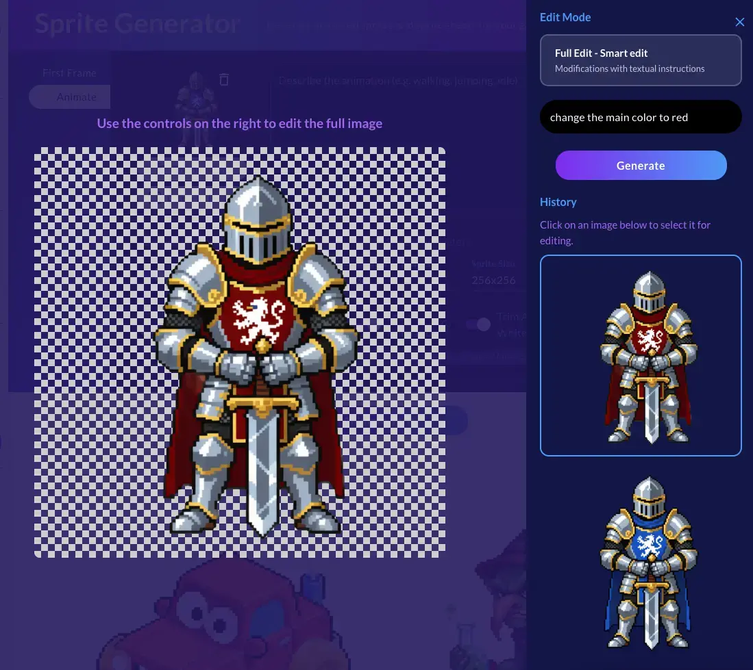 Ludo.ai image editor recoloring a knight sprite from blue to red on the instruction change the main color to red