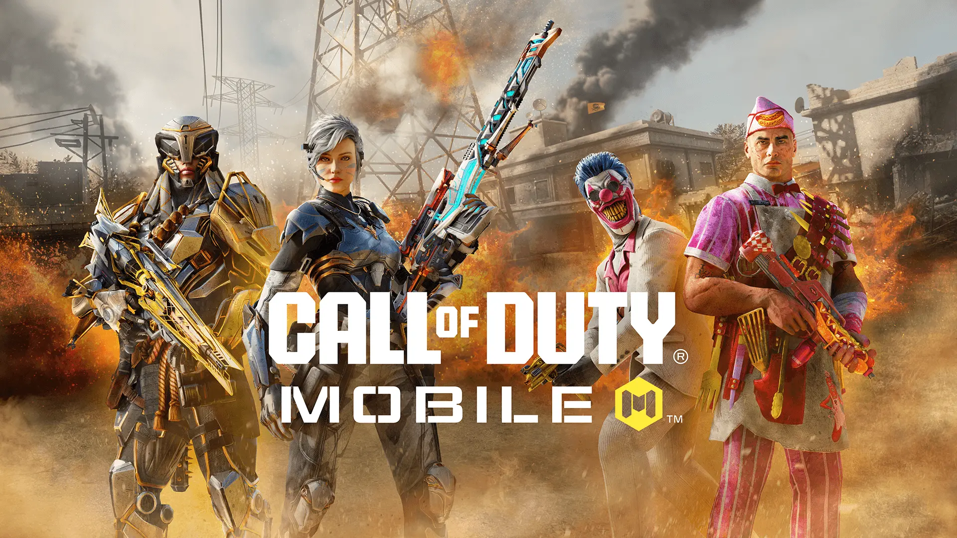 Call of Duty Mobile key art with four armed operator skins posed in front of a burning battlefield