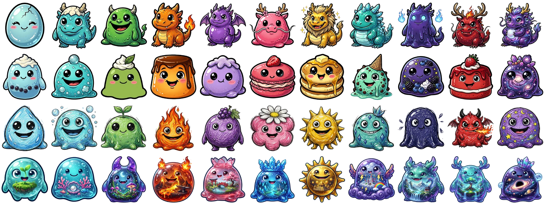 Four complete 11-tier slime collections: Ryū Dynasty, Sweet Tooth Café, Doodle Gang, Pocket Realms