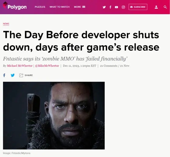 Polygon news article headlined The Day Before developer shuts down, days after the game's release
