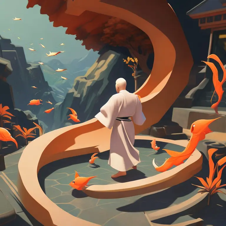 Stylized concept art of a robed monk on a spiral walkway surrounded by drifting orange fox spirits