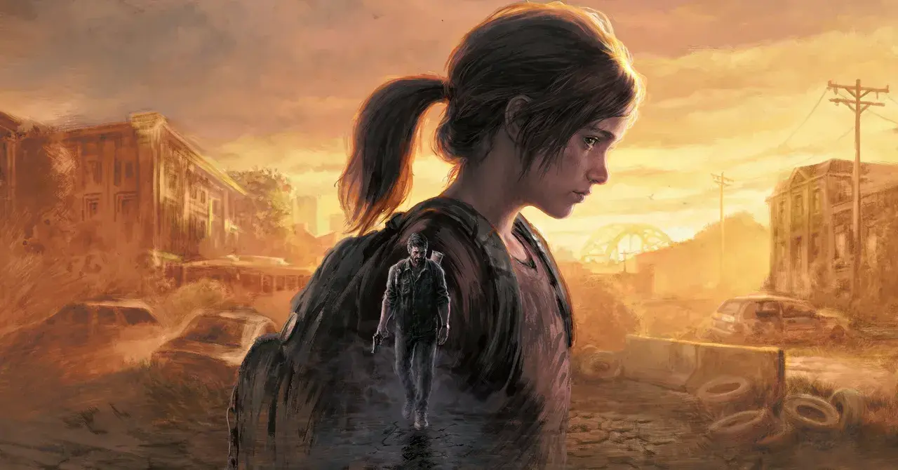 The Last of Us key art: Ellie in profile with Joel walking armed through a sunlit ruined town