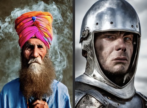 Two photoreal DreamStudio portraits side by side: an elderly man in a bright turban and a young knight in a steel helm