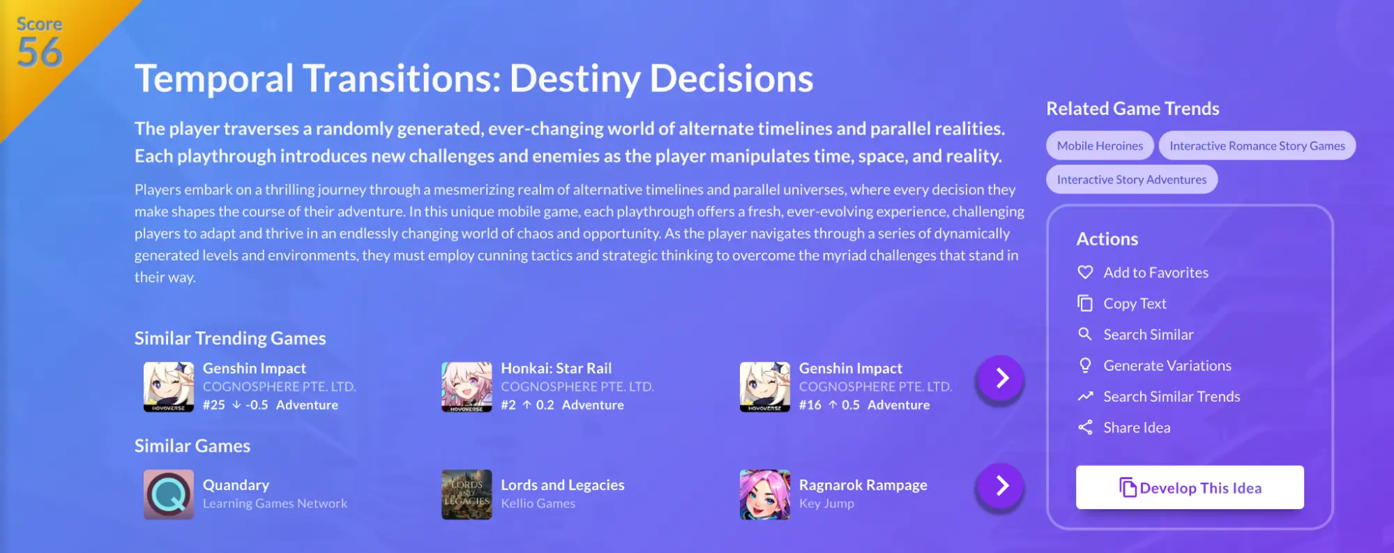 Ludo.ai game concept page scoring Temporal Transitions at 56, with related trends, similar games and action buttons