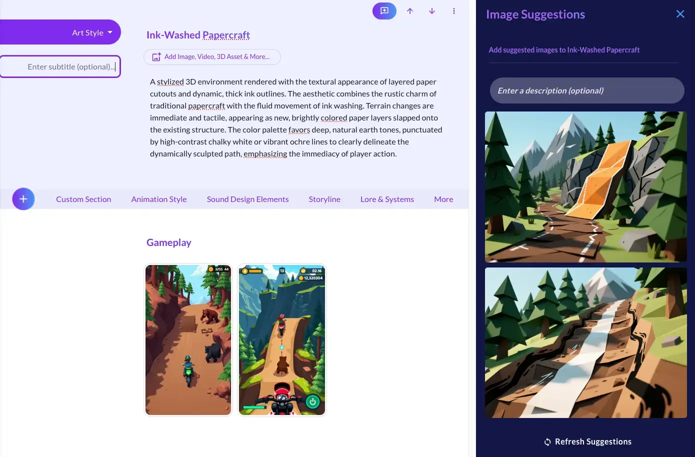 Image Suggestions side panel offering low poly trail artwork matched to the document's Ink-Washed Papercraft art style