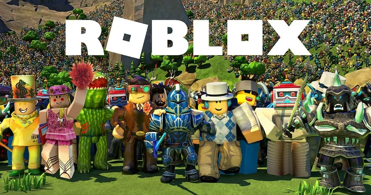 Roblox key art with a crowd of blocky avatars in varied costumes standing under the Roblox logo