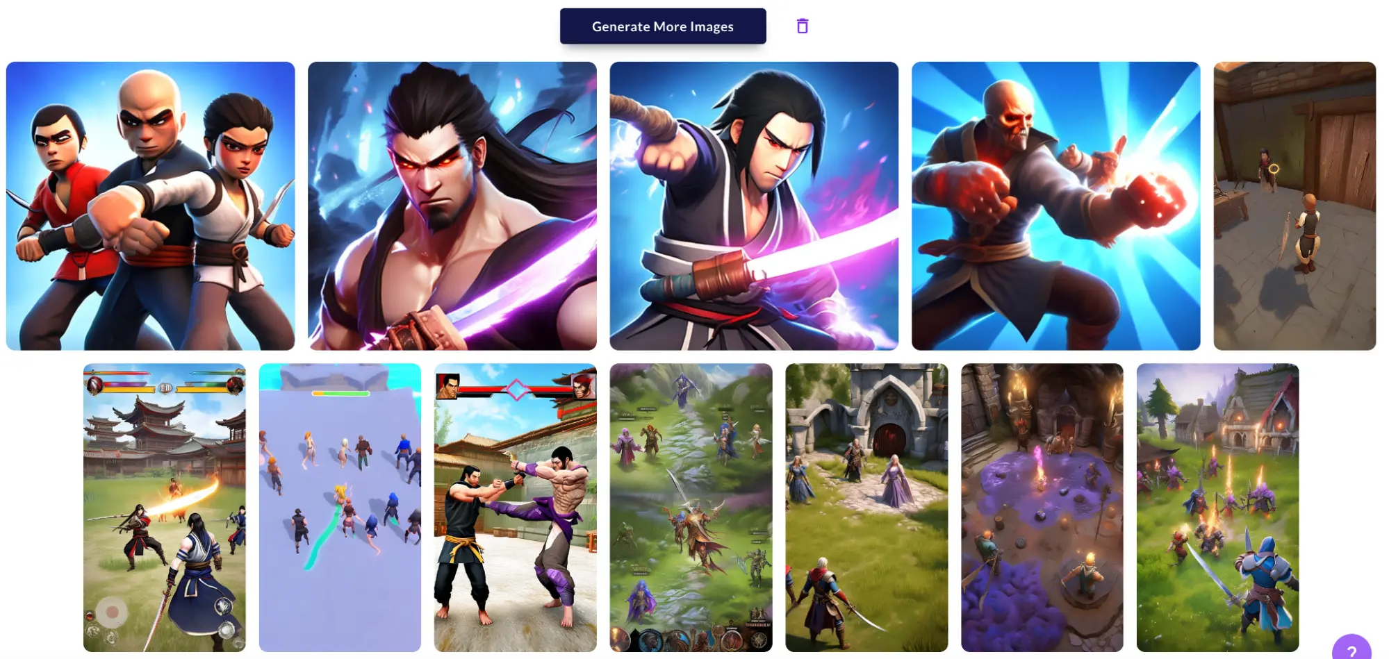 Ludo.ai image generator gallery mixing martial arts character portraits with mobile gameplay mockups