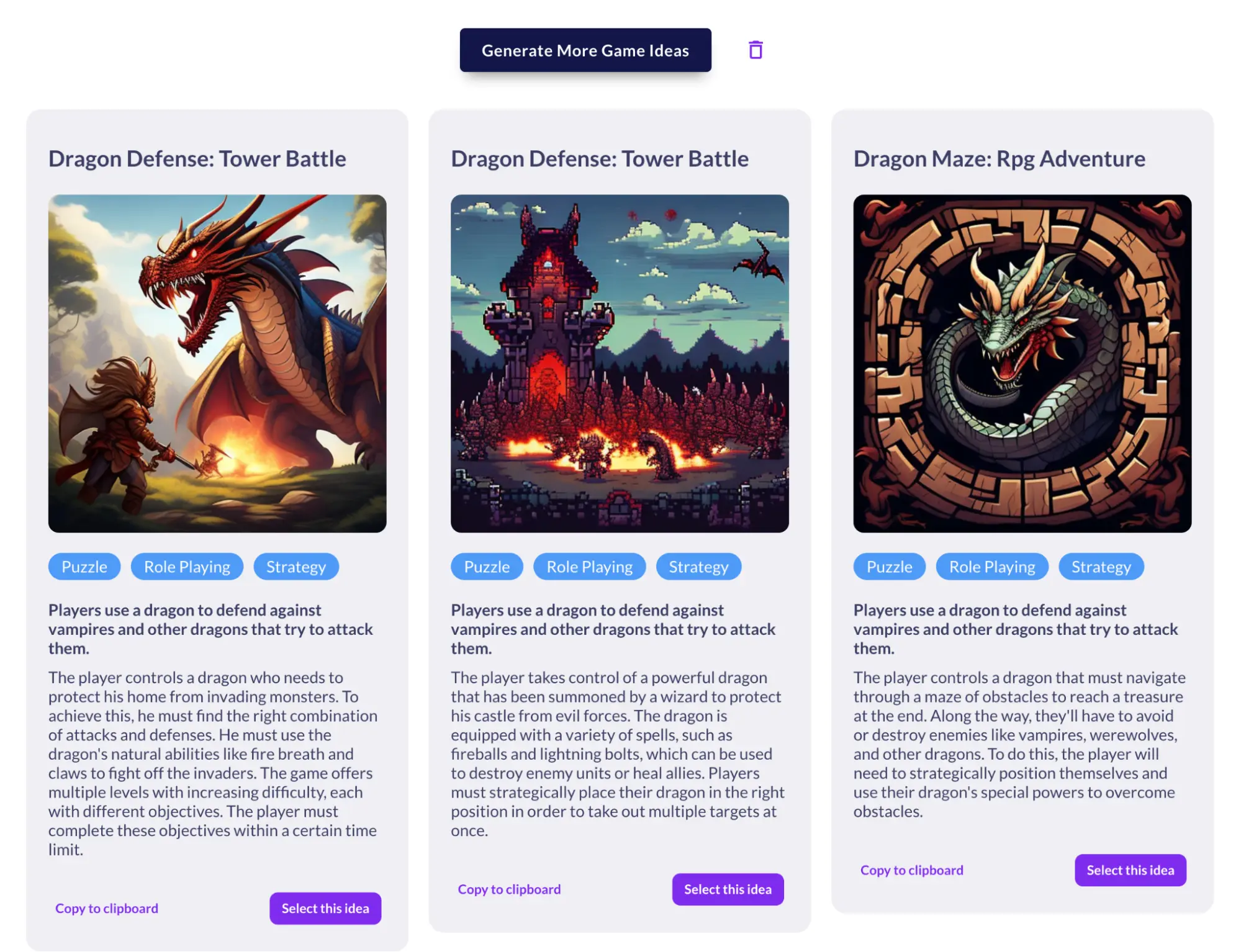Game Ideator results: three dragon game concepts tagged Puzzle, Role Playing and Strategy, each with a Select this idea button
