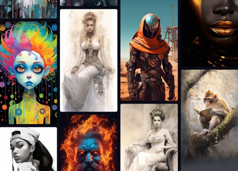 Collage of Midjourney output: a rainbow-haired figure, a gowned woman, a desert soldier and a monkey reading a book