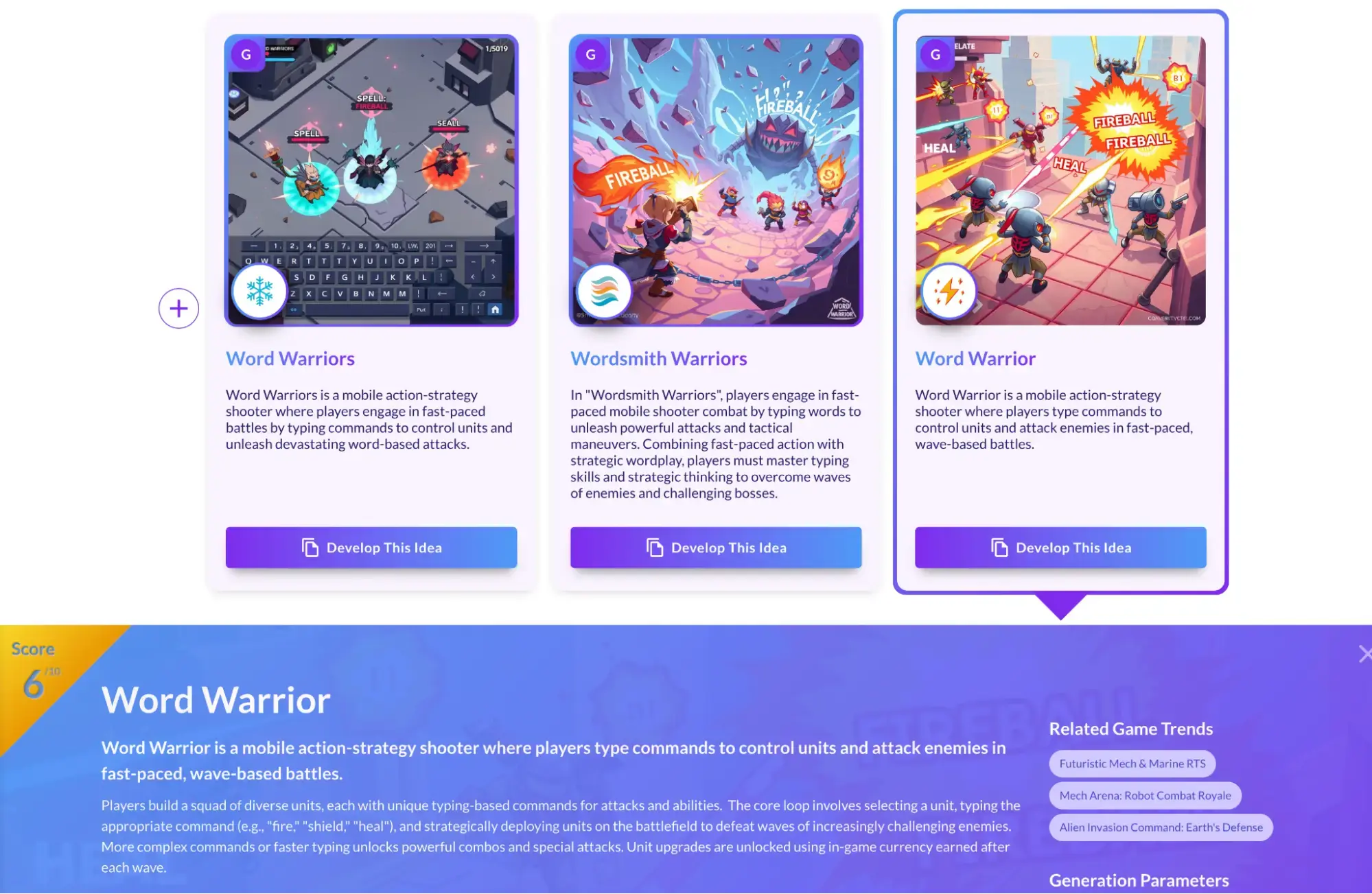 Ludo Score panel open beneath three Word Warrior game idea cards, showing a score of 6 out of 10
