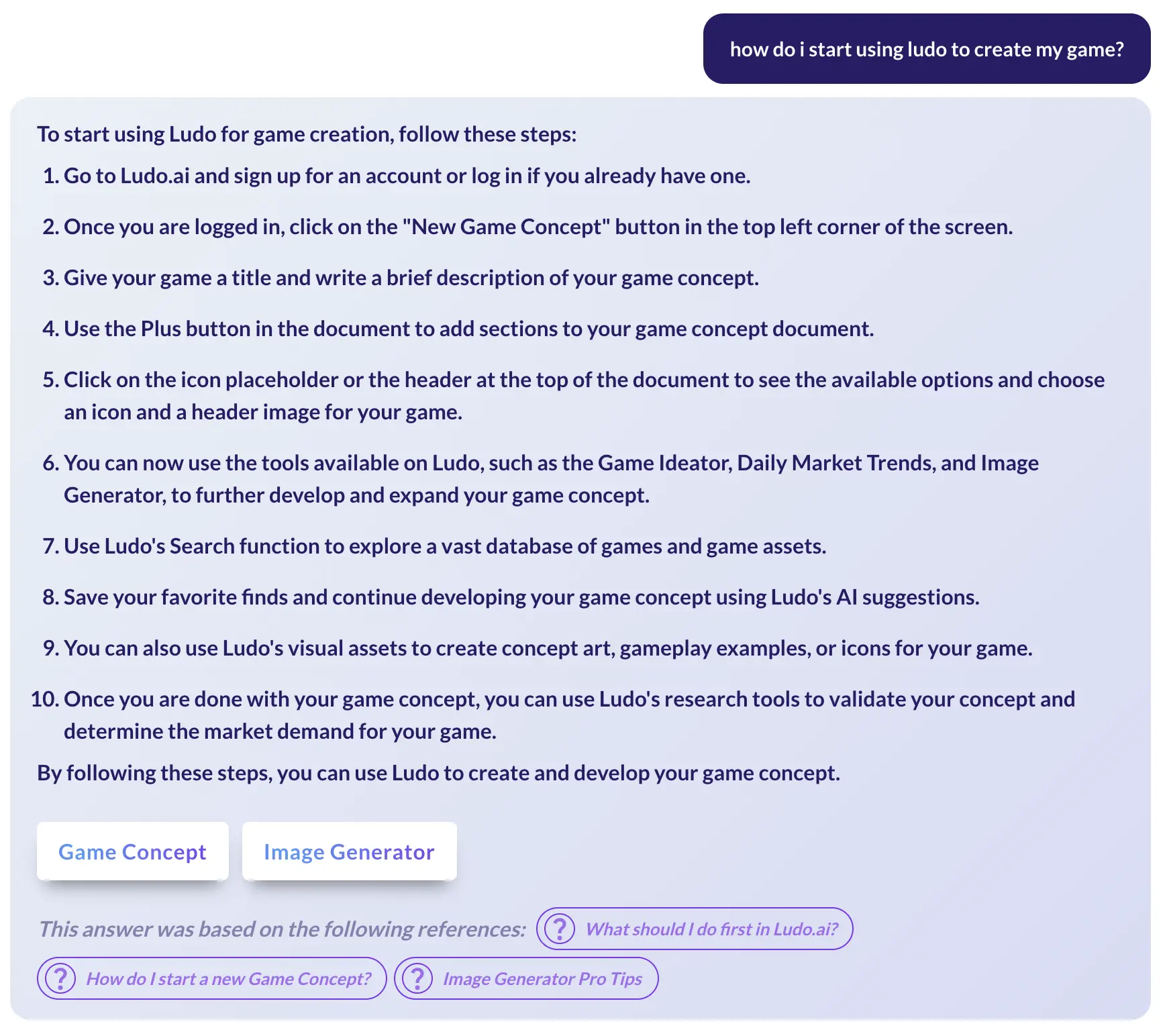 Ludo.ai assistant answering how to start a game with a ten-step walkthrough and cited help references