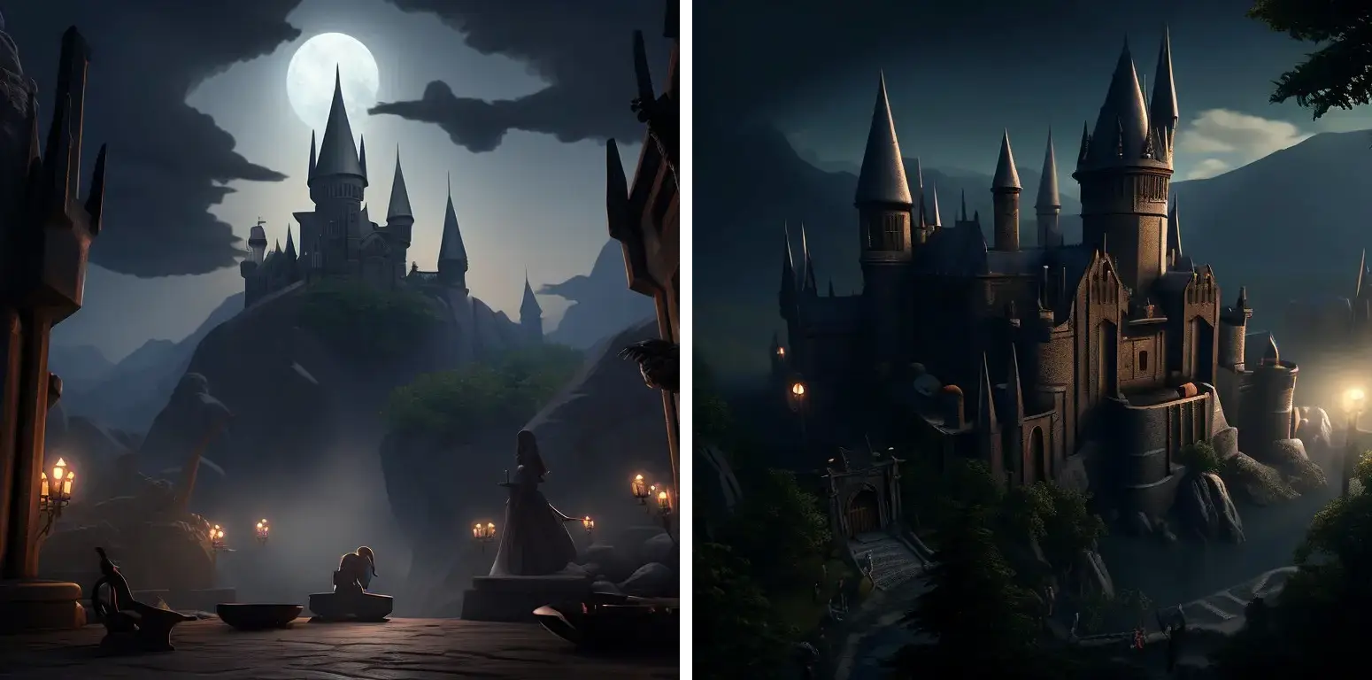 Pair of moonlit gothic castle scenes holding a single art direction across two different camera angles
