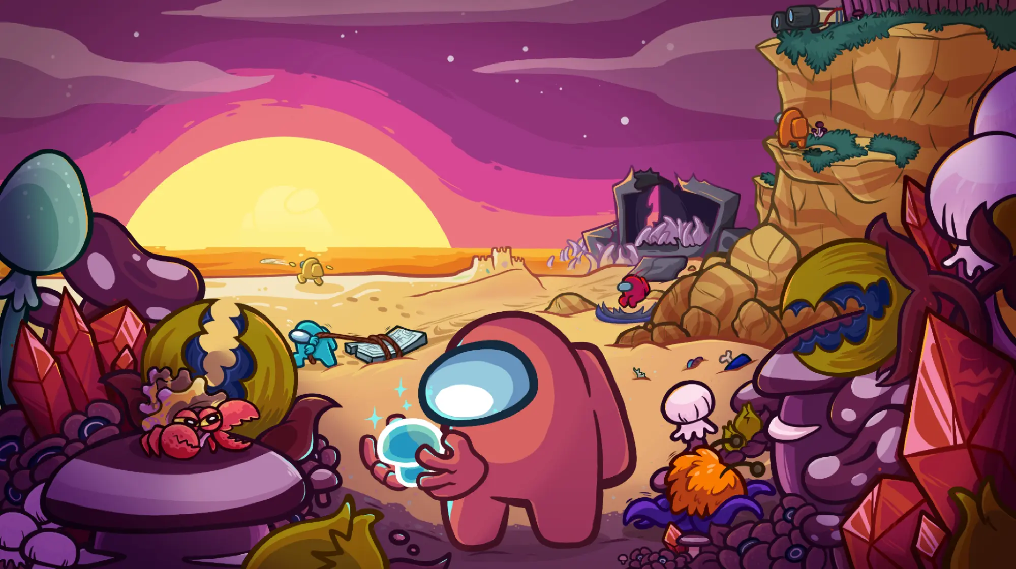 Among Us artwork with crewmates exploring an alien desert of red crystals and mushrooms under a huge setting sun
