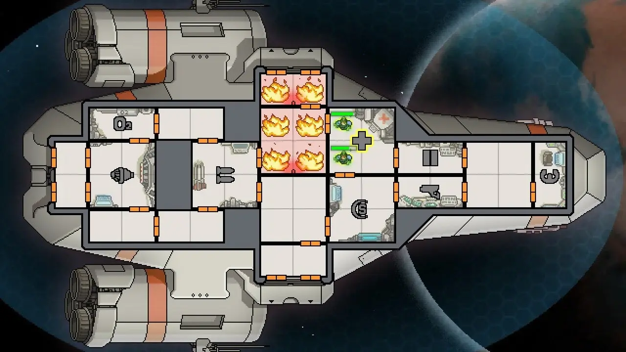 FTL: Faster Than Light ship cutaway during combat, with fire spreading through three rooms and crew posted at stations