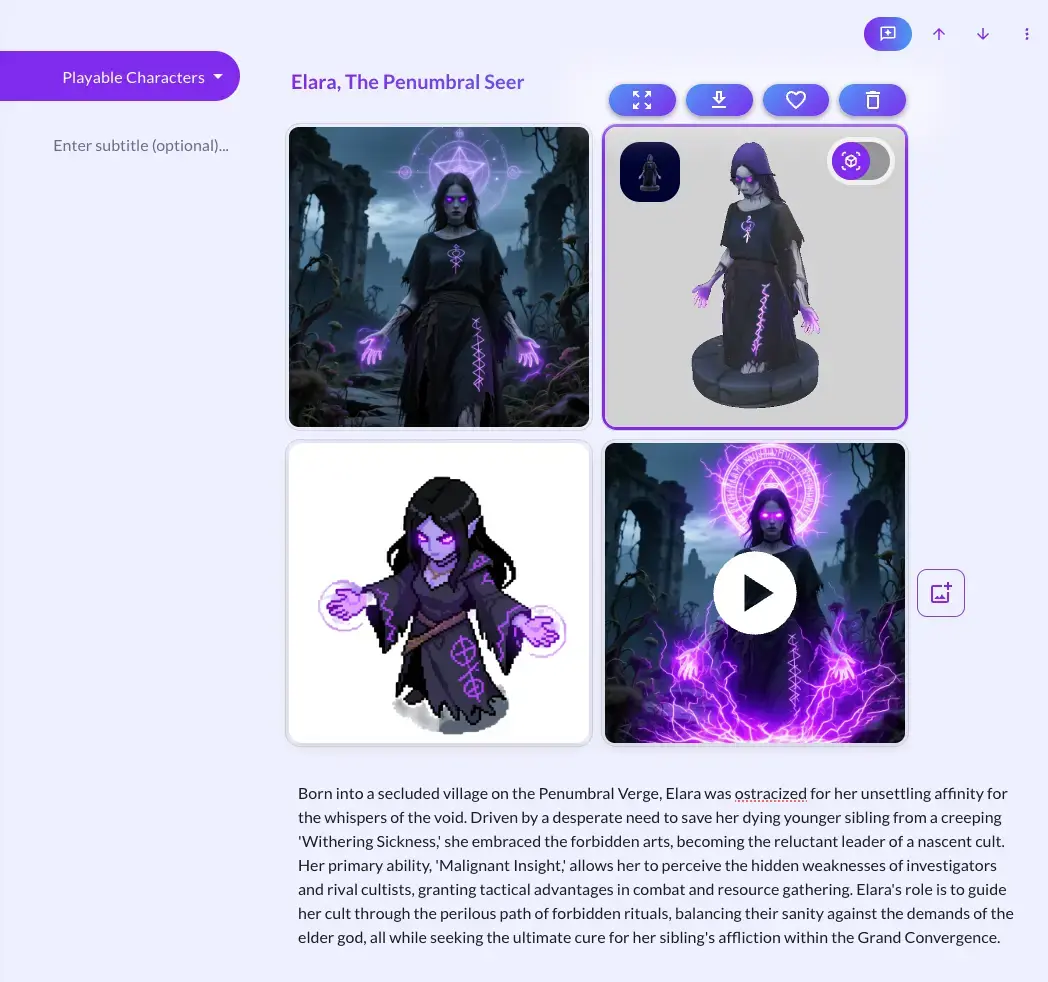 One character section combining concept art, a rotatable 3D model, a pixel sprite and a video clip for the same sorceress