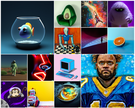 Grid of DALL-E images spanning a fish in a bowl, a neon sculpture, an astronaut, a toy robot and a painted athlete
