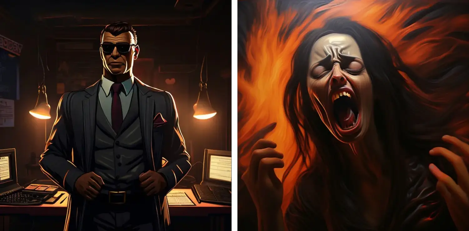 Two character concepts: a stylized noir detective in a dim office and a painterly screaming woman with fiery hair