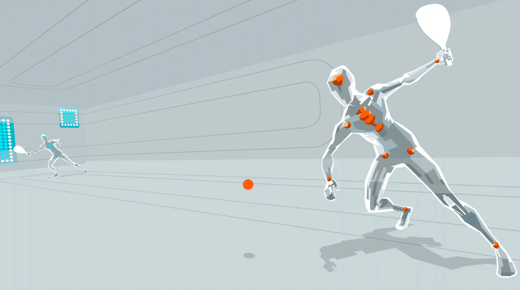 C-Smash VRS gameplay: two low-poly figures volley a glowing orange ball in a white futuristic court