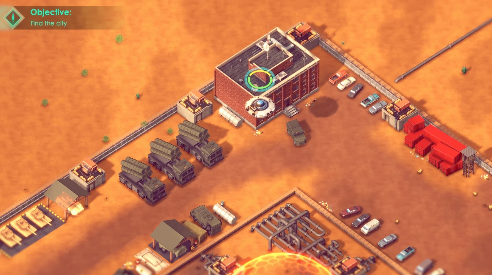 Abduct 'Em gameplay: the player's UFO hovering over a fenced desert military base filled with missile trucks, tanks, shipping containers and parked cars