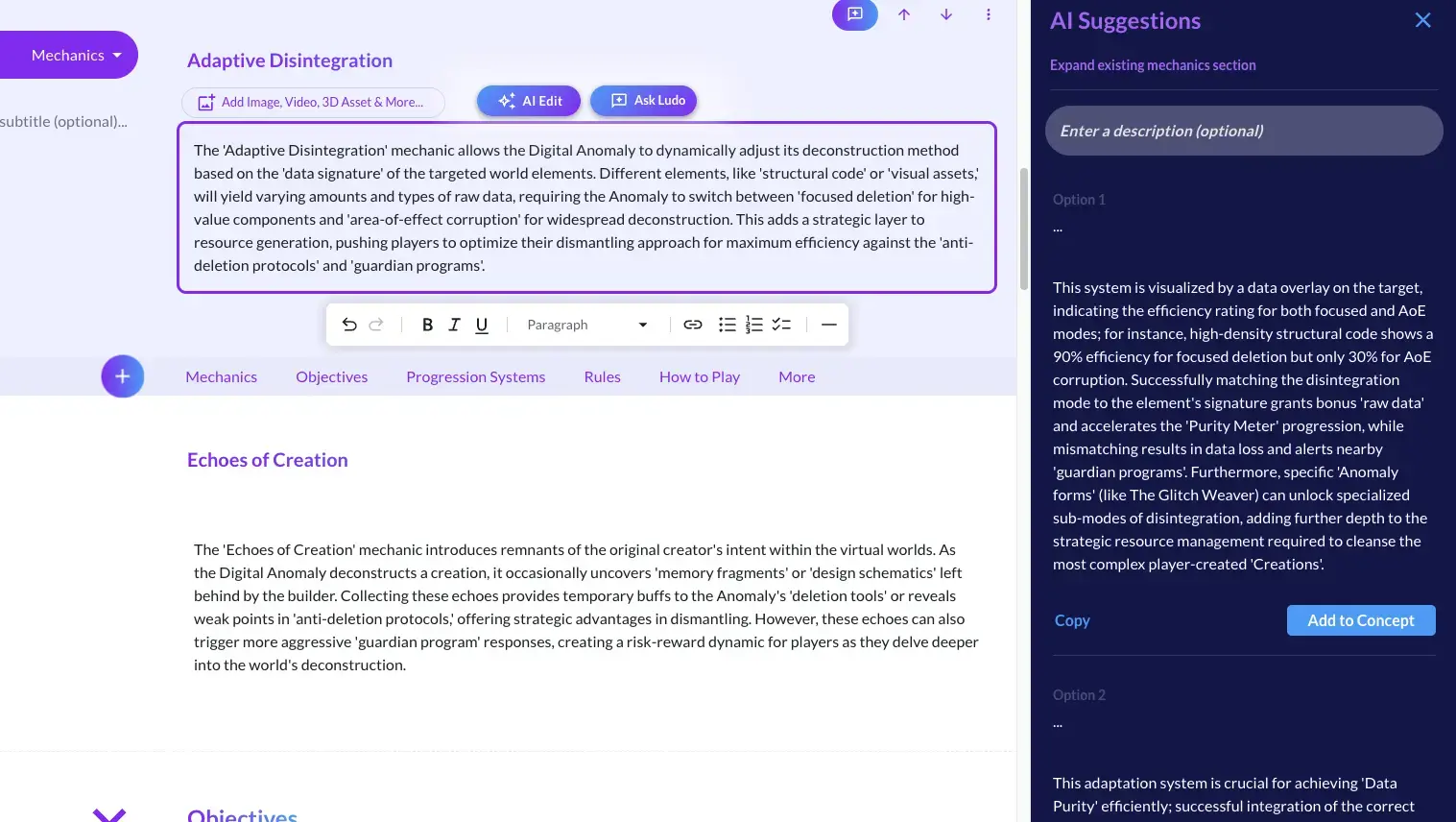 AI Suggestions panel expanding a mechanics entry, beside an editable text block with AI Edit and Ask Ludo buttons