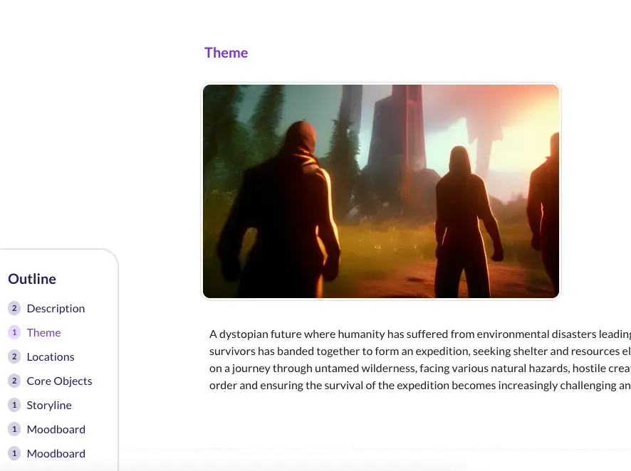 Outline sidebar jumping between sections like Theme, Locations and Storyline while the Theme artwork stays in view